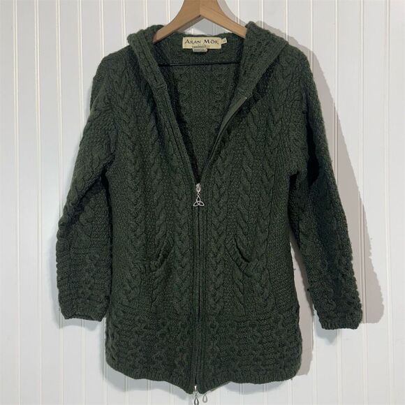 Aran MorMor 100% Merino Wool Ireland Green Cable Knit Hoodie Sweater L Fisherman - Picture 1 of 9